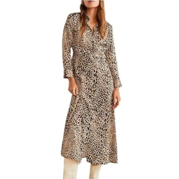 Mango MNG Suit Cheetah Sz 6 Leopard Print Satin Maxi Collar Animal Dress Style - Picture 1 of 13